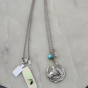 1928 Silver Toned Pewter Horse Pendant Necklace with Turquoise Bead NWT